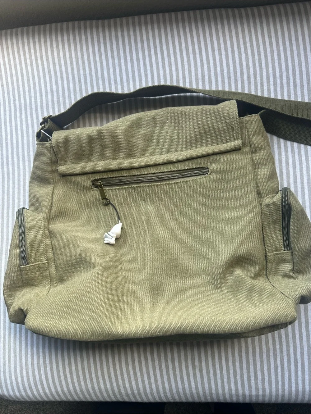 Olive Green Canvas Messenger Bag with Totoro Print